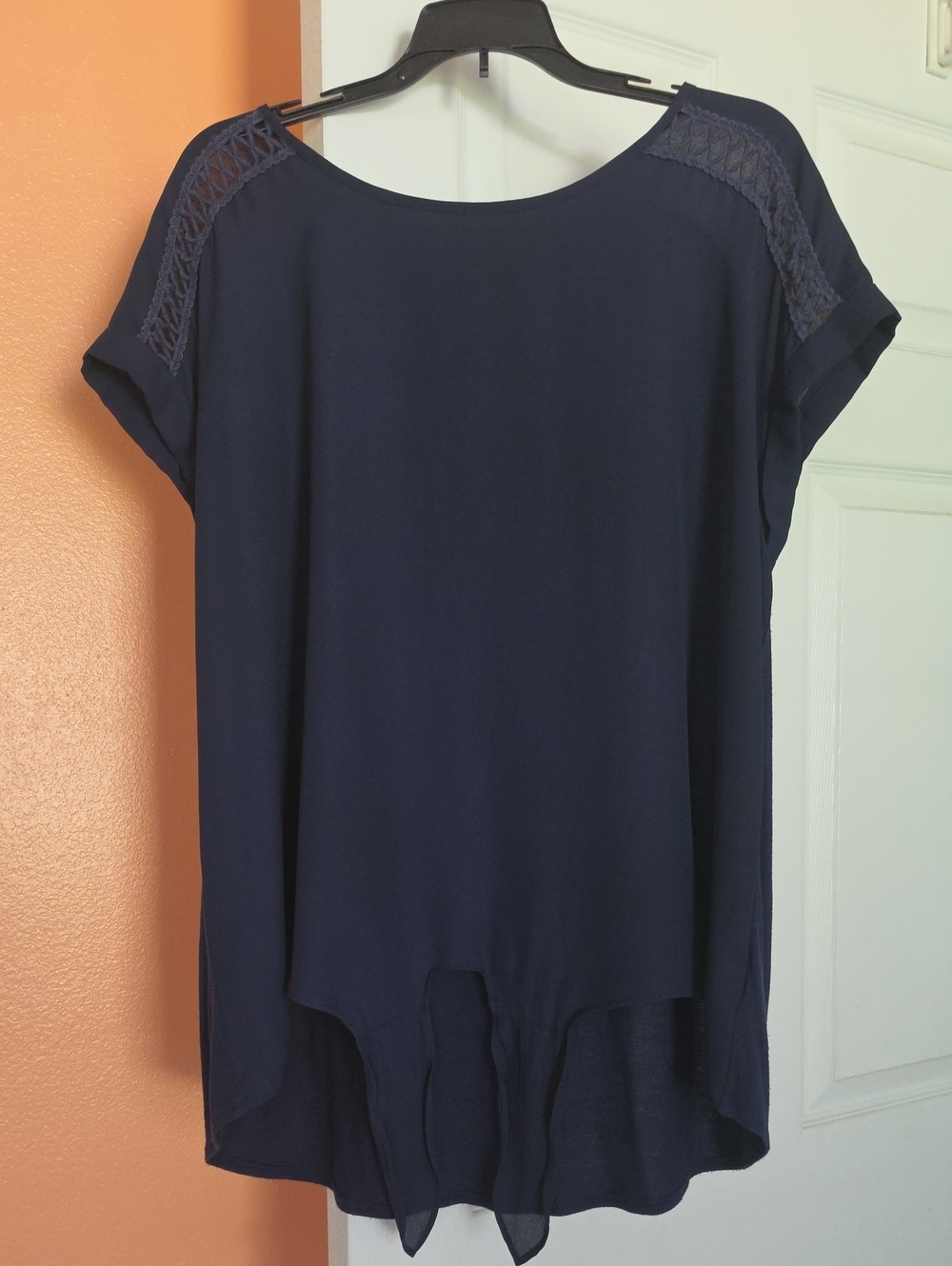 Navy Short-Sleeve Blouse with Crochet Shoulder Detail